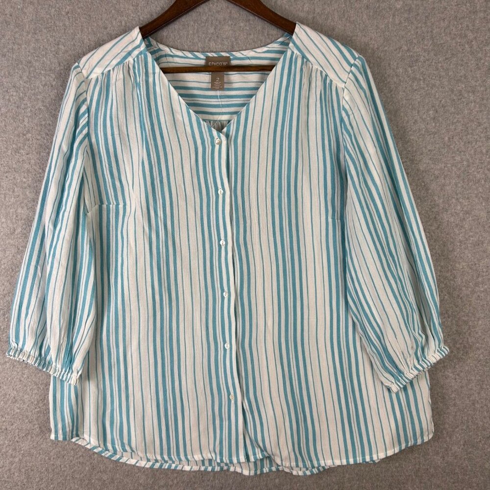 Chico's Top Women 2 White Blue Stripe 3/4 Sleeve Button Front Casual Blouse NWOT